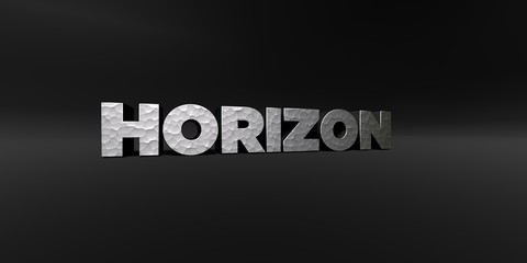 HORIZON - hammered metal finish text on black studio - 3D rendered royalty free stock photo. This image can be used for an online website banner ad or a print postcard.