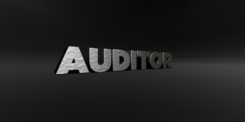 AUDITOR - hammered metal finish text on black studio - 3D rendered royalty free stock photo. This image can be used for an online website banner ad or a print postcard.