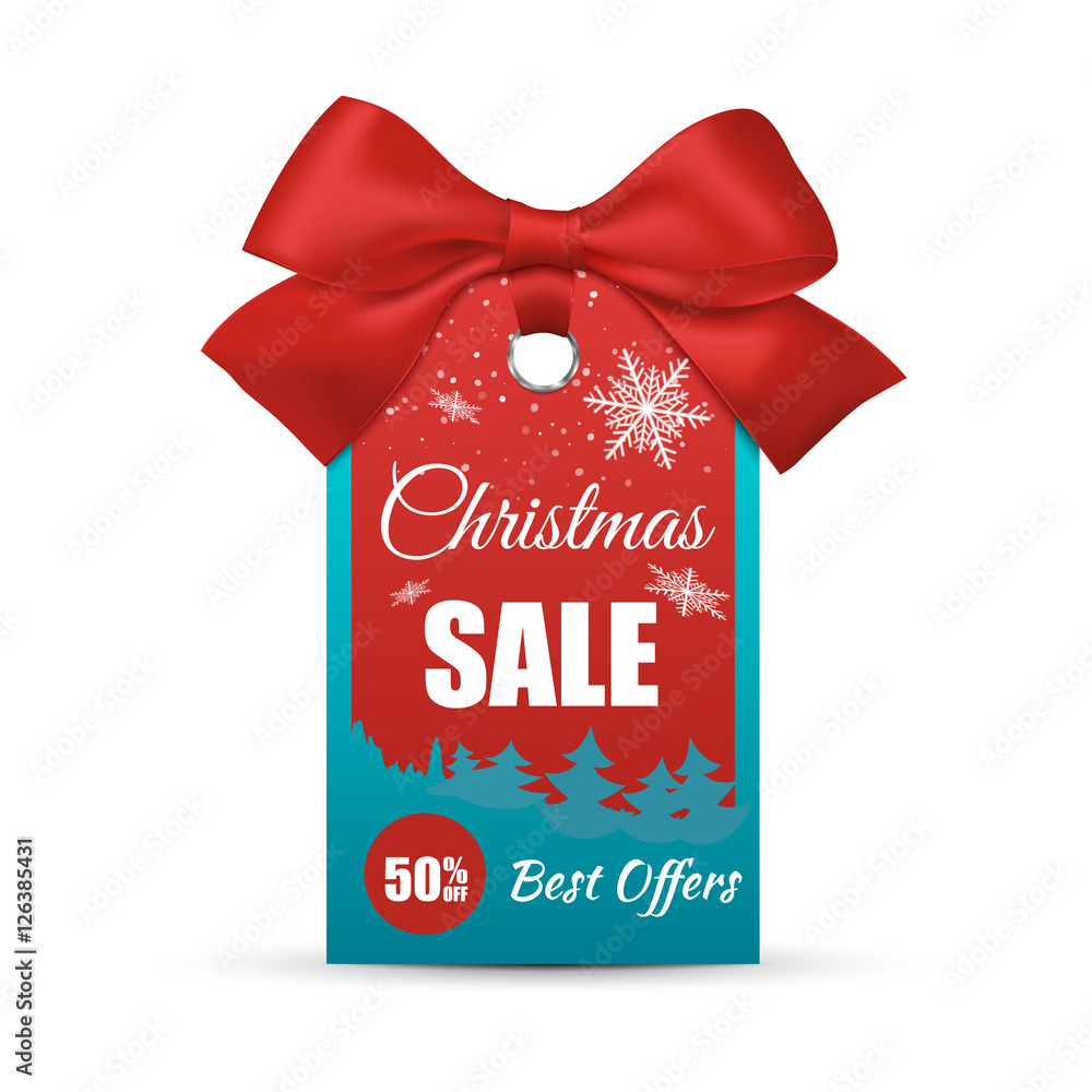 Sticker christmas sale tag with realistic bow isolated on white background. vector