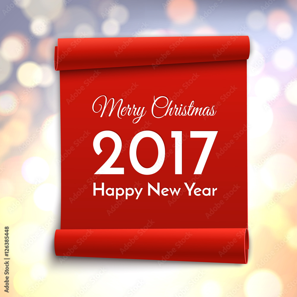 Wall mural merry christmas and happy new year 2017. holiday vector bokeh background with red paper scroll.
