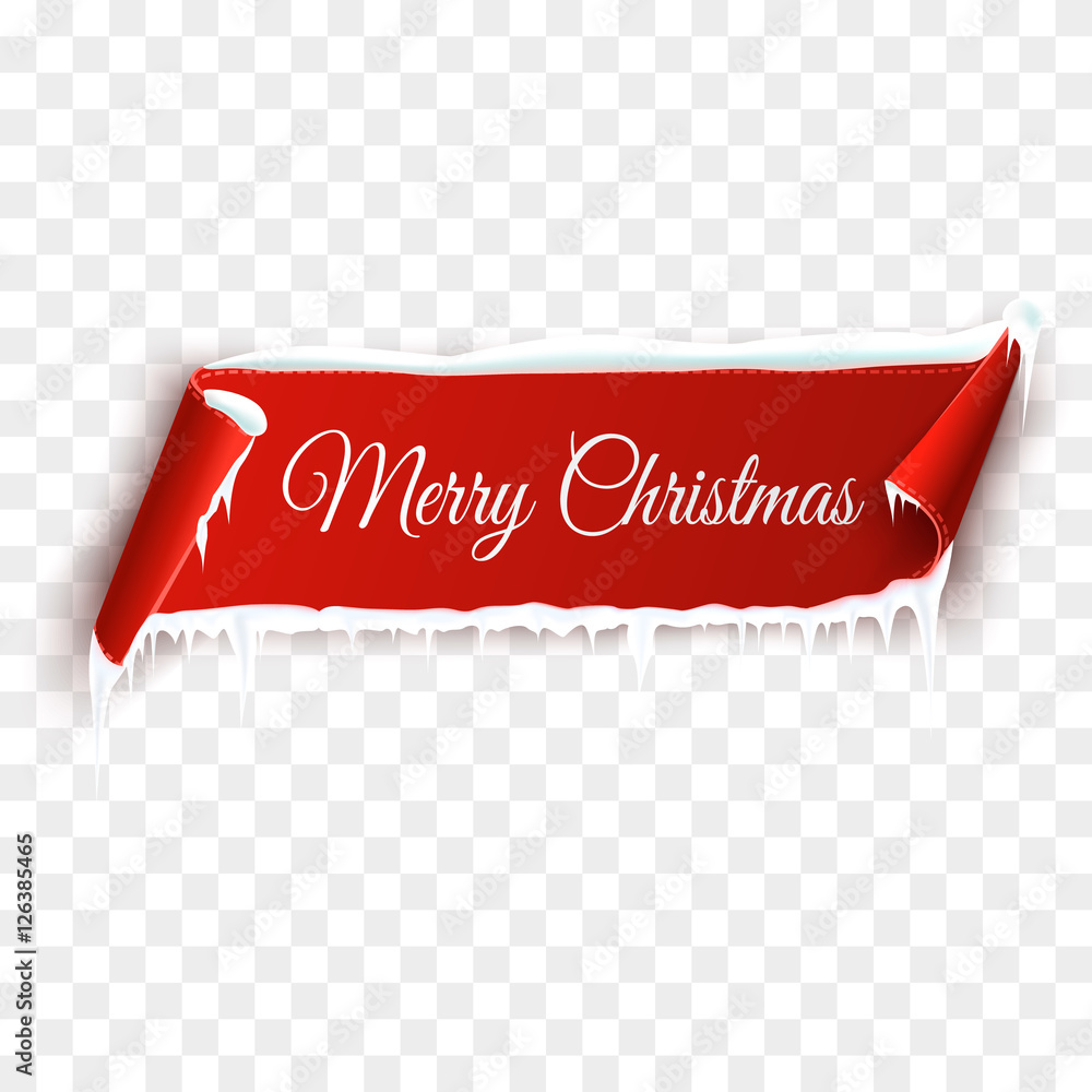 Wall mural red realistic detailed curved paper merry christmas banner with snow and icicles isolated on transpa