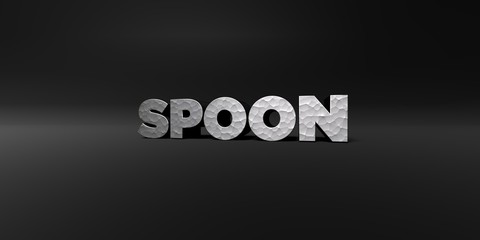 SPOON - hammered metal finish text on black studio - 3D rendered royalty free stock photo. This image can be used for an online website banner ad or a print postcard.