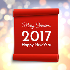 Merry Christmas and Happy New Year 2017. Holiday Vector bokeh background with red paper scroll.