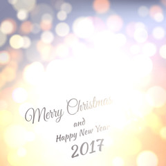 Merry Christmas and Happy New Year 2017. Holiday Vector bokeh background with glow lights.
