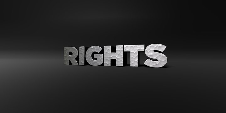 RIGHTS - hammered metal finish text on black studio - 3D rendered royalty free stock photo. This image can be used for an online website banner ad or a print postcard.