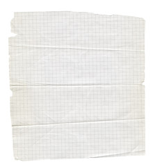 Torn and creased squared copybook sheet of paper isolated on white background - 126385689