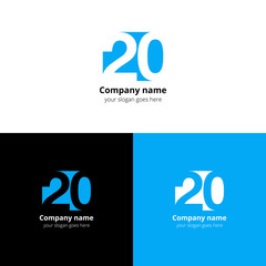 20 logo icon flat and vector design template. Monogram numbers two and zero. Creative vision concept twenty logotype, elements, sign, symbol for card, brand.