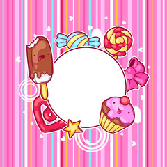 Kawaii heart frame with sweets and candies. Crazy sweet-stuff in cartoon style