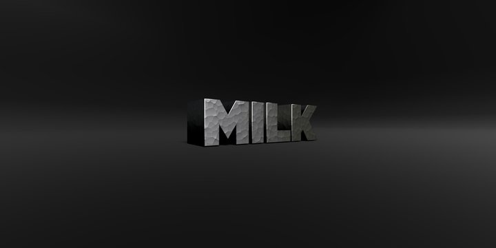 MILK - hammered metal finish text on black studio - 3D rendered royalty free stock photo. This image can be used for an online website banner ad or a print postcard.