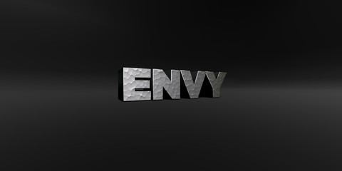 Obraz premium ENVY - hammered metal finish text on black studio - 3D rendered royalty free stock photo. This image can be used for an online website banner ad or a print postcard.