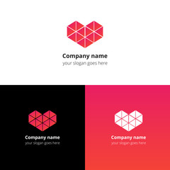 Polygon triangle heart logo, icon, sign, emblem vector template. Abstract symbol and button with red-pink color trend gradient for service or company on white, black and gradient background.