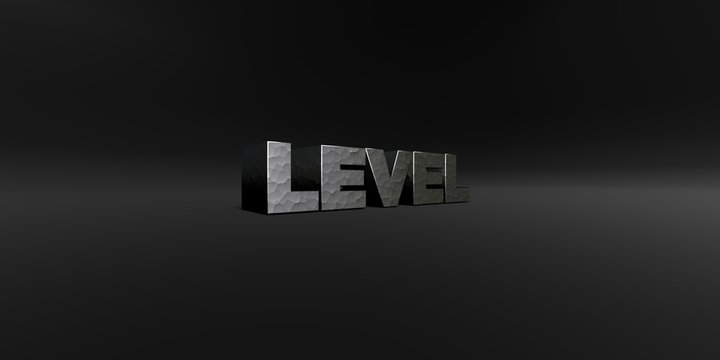 LEVEL - hammered metal finish text on black studio - 3D rendered royalty free stock photo. This image can be used for an online website banner ad or a print postcard.