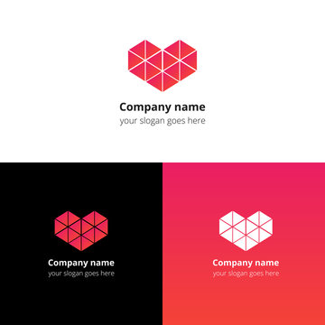 Polygon triangle heart logo, icon, sign, emblem vector template. Abstract symbol and button with red-pink color trend gradient for service or company on white, black and gradient background.