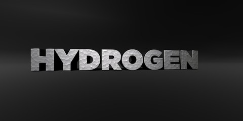 Fototapeta premium HYDROGEN - hammered metal finish text on black studio - 3D rendered royalty free stock photo. This image can be used for an online website banner ad or a print postcard.