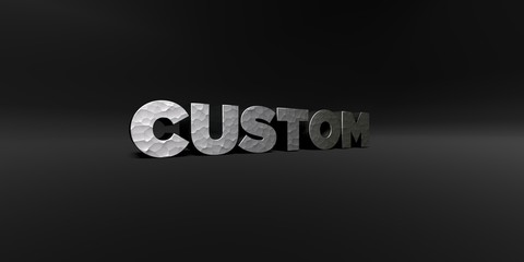 CUSTOM - hammered metal finish text on black studio - 3D rendered royalty free stock photo. This image can be used for an online website banner ad or a print postcard.