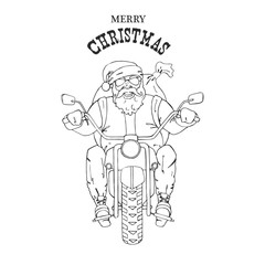 Illustration of Santa Claus on a motorcycle with a backpack of gifts. Doodle, hand-drawn, sketch. Isolation on white 