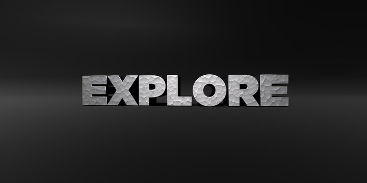 EXPLORE - hammered metal finish text on black studio - 3D rendered royalty free stock photo. This image can be used for an online website banner ad or a print postcard.