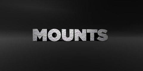 MOUNTS - hammered metal finish text on black studio - 3D rendered royalty free stock photo. This image can be used for an online website banner ad or a print postcard.