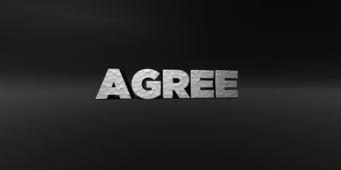 AGREE - hammered metal finish text on black studio - 3D rendered royalty free stock photo. This image can be used for an online website banner ad or a print postcard.