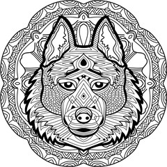Coloring page for adults. Stern husky on a background of a circu