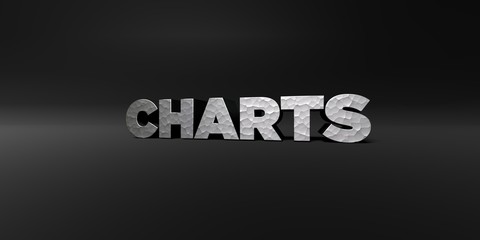 CHARTS - hammered metal finish text on black studio - 3D rendered royalty free stock photo. This image can be used for an online website banner ad or a print postcard.