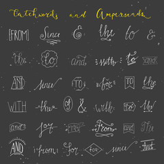 Collection of hand sketched ampersands and catchwords for your design. And, with, for, from, since, the, to. Decorative elements. Retro elements with swirls. Hand drawn lettering.