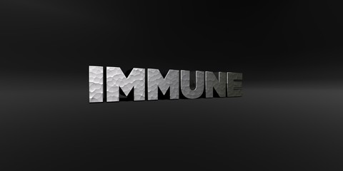 IMMUNE - hammered metal finish text on black studio - 3D rendered royalty free stock photo. This image can be used for an online website banner ad or a print postcard.