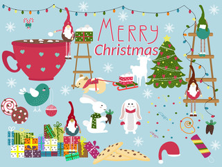 Christmas Gnomes, Bunny, bird, tree , gifts, sweets vector illustration. design elements for New year and Christmas - 126388454