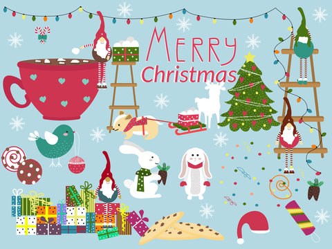 Christmas Gnomes, Bunny, bird, tree , gifts, sweets vector illustration. design elements for New year and Christmas