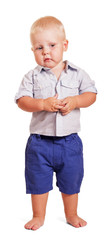 Cute little boy in shirt and shorts standing isolated.