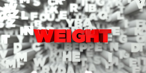 WEIGHT -  Red text on typography background - 3D rendered royalty free stock image. This image can be used for an online website banner ad or a print postcard.