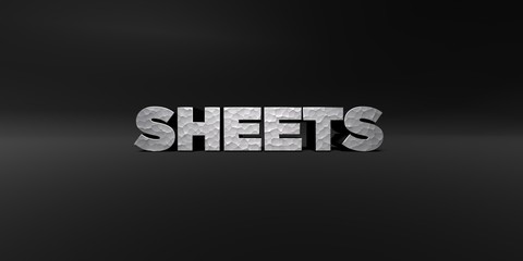 SHEETS - hammered metal finish text on black studio - 3D rendered royalty free stock photo. This image can be used for an online website banner ad or a print postcard.