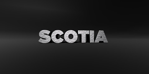 SCOTIA - hammered metal finish text on black studio - 3D rendered royalty free stock photo. This image can be used for an online website banner ad or a print postcard.