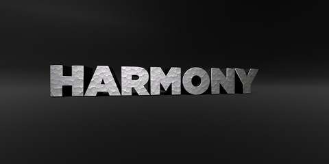 HARMONY - hammered metal finish text on black studio - 3D rendered royalty free stock photo. This image can be used for an online website banner ad or a print postcard.