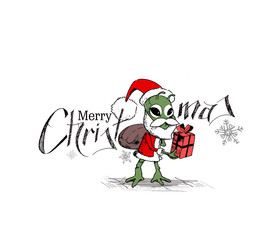 Merry Christmas! Cartoon Style Hand Sketchy drawing of a Green Monster Santa holding gift pack, Vector illustration