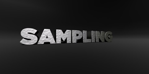 SAMPLING - hammered metal finish text on black studio - 3D rendered royalty free stock photo. This image can be used for an online website banner ad or a print postcard.