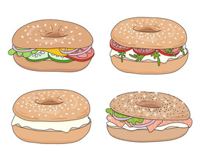 Set of 4 fresh bagel sandwiches with various fillings: cream cheese, salmon fillet (lox), vegetables. Delicious bagel take away fast food breakfast. Vector hand drawn illustration, isolated. - 126389488