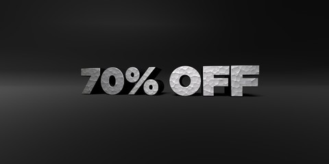 70% OFF - hammered metal finish text on black studio - 3D rendered royalty free stock photo. This image can be used for an online website banner ad or a print postcard.