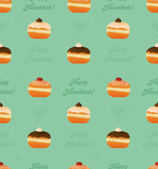 Seamless pattern, traditional donuts and congratulation - Happy Hanukkah.