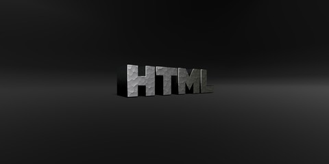 HTML - hammered metal finish text on black studio - 3D rendered royalty free stock photo. This image can be used for an online website banner ad or a print postcard.