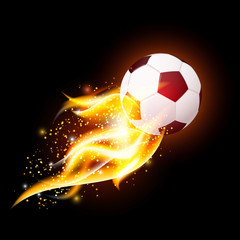 Naklejka premium Vector football soccer ball with fire flames on dark black background