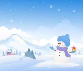 Snowman and mountains background