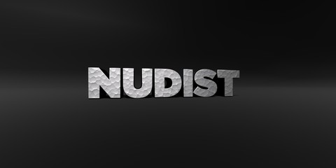 Fototapeta premium NUDIST - hammered metal finish text on black studio - 3D rendered royalty free stock photo. This image can be used for an online website banner ad or a print postcard.