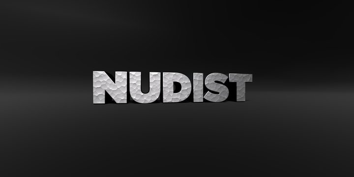 NUDIST - hammered metal finish text on black studio - 3D rendered royalty free stock photo. This image can be used for an online website banner ad or a print postcard.