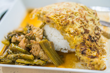 Fried pork and Omelet on rice,Thai menu