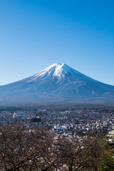 Fototapeta na wymiar View of Mt.Fuji and Fujiyoshida City from the Chureito Pagoda viewpoint, Japan
