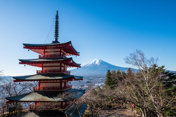 Chureito pagoda is a popular spot for viewing and photographing Mount Fuji. Located in Fujiyoshida City, Yamanashi Prefecture, Japan. 