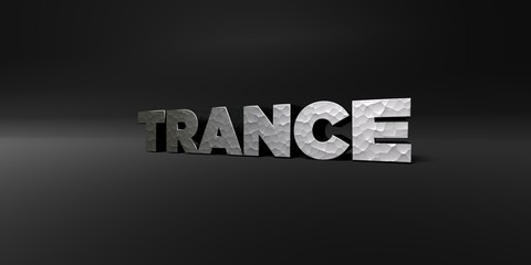 TRANCE - hammered metal finish text on black studio - 3D rendered royalty free stock photo. This image can be used for an online website banner ad or a print postcard.