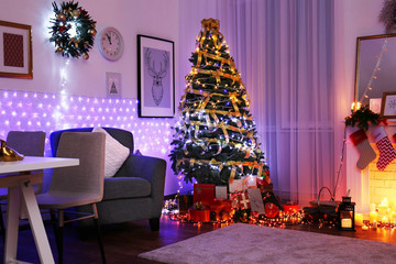 Interior of living room decorated for Christmas