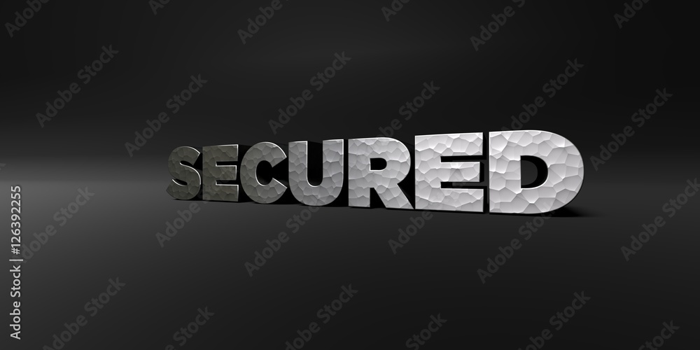 Fototapete secured - hammered metal finish text on black studio - 3d rendered royalty free stock photo. this im